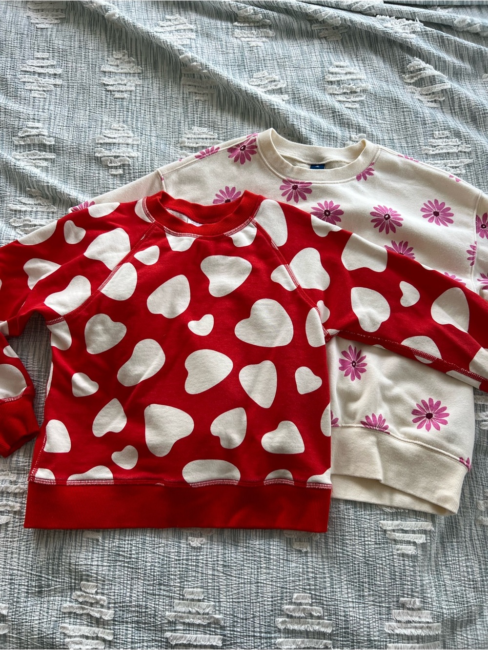 Hanna Andersson Red Sweatshirt with White Hearts & Cream Floral sweatshirt